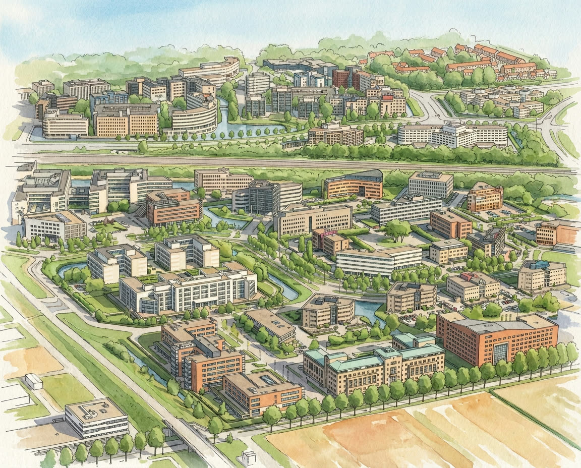 Architectural ink and watercolour illustration of an existing Dutch district of offices, commercial buildings, apartments and housing, each with its own electrical connection