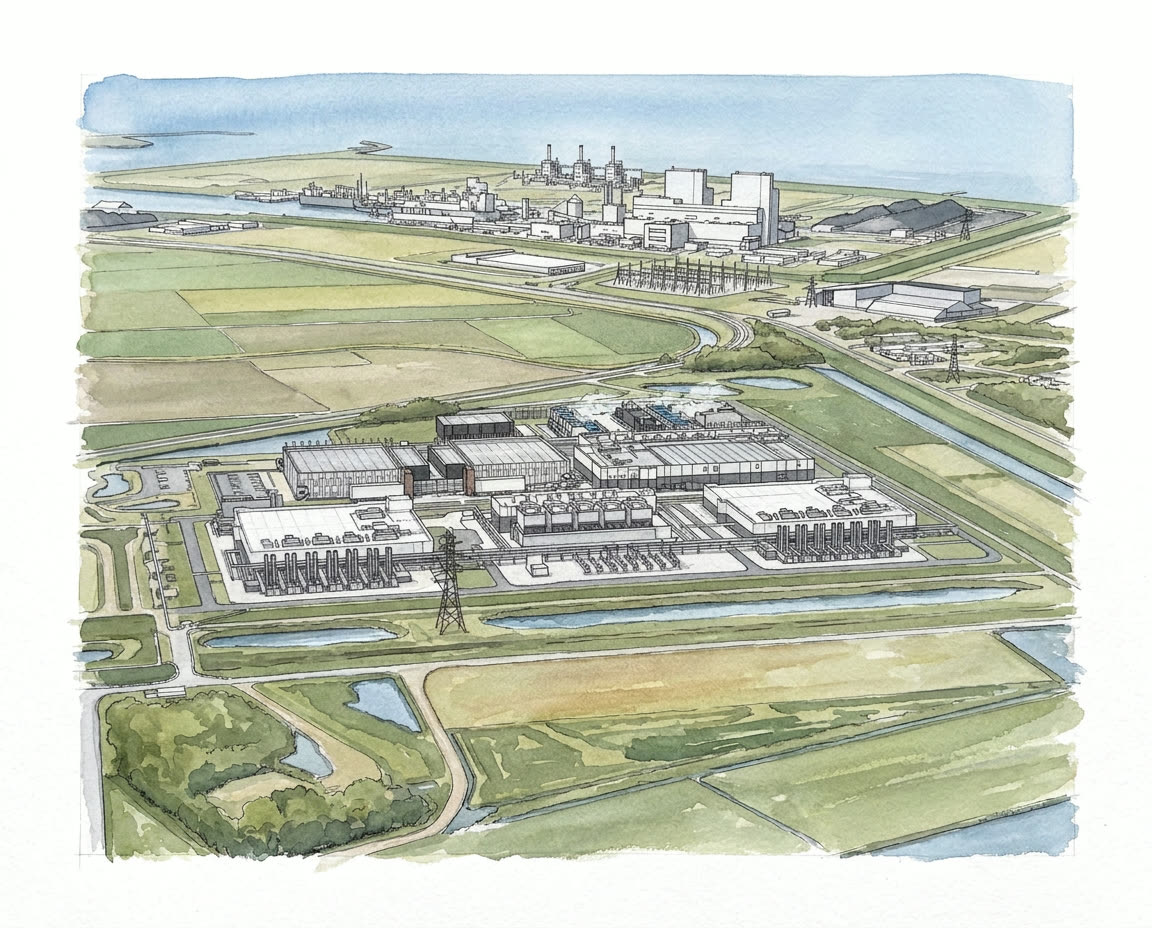 Architectural ink and watercolour illustration of a large centralized data centre campus in an open landscape with its own dedicated power infrastructure