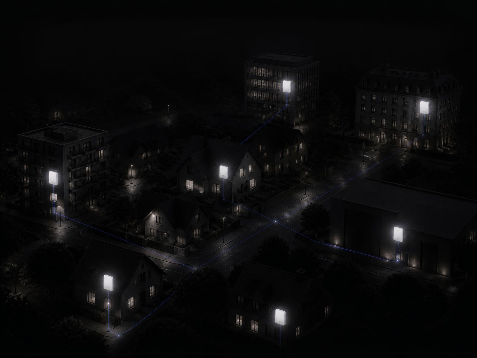 Architectural illustration of a contemporary European district of homes and commercial buildings