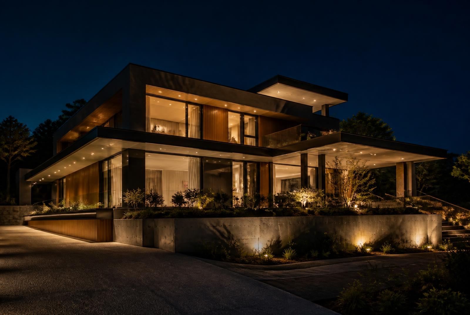 A contemporary European home at night hosting compact GRID AI infrastructure