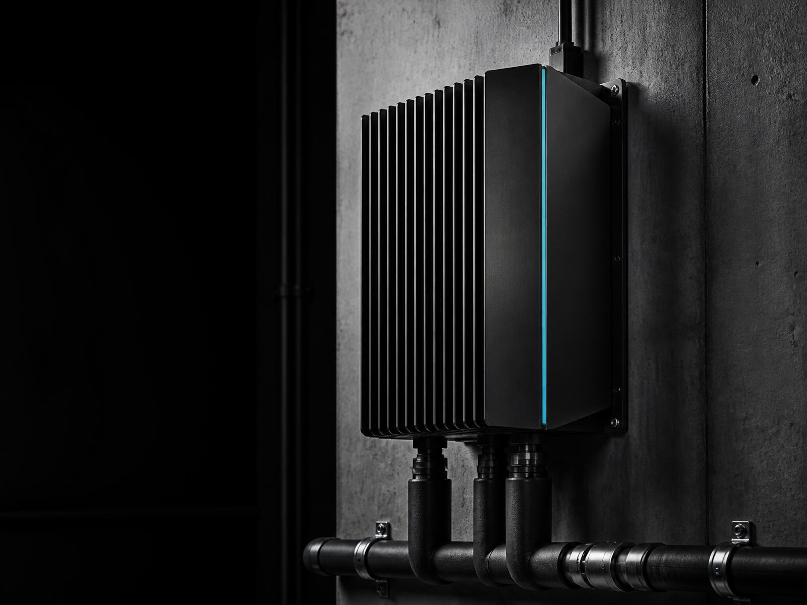 Conceptual industrial design of the GRID AI Node, wall mounted in a concrete technical room